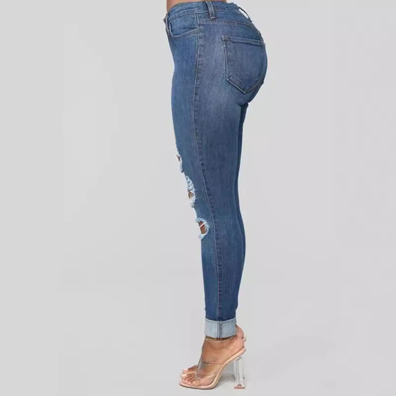 Stretch slim fit ripped little leg jeans for women