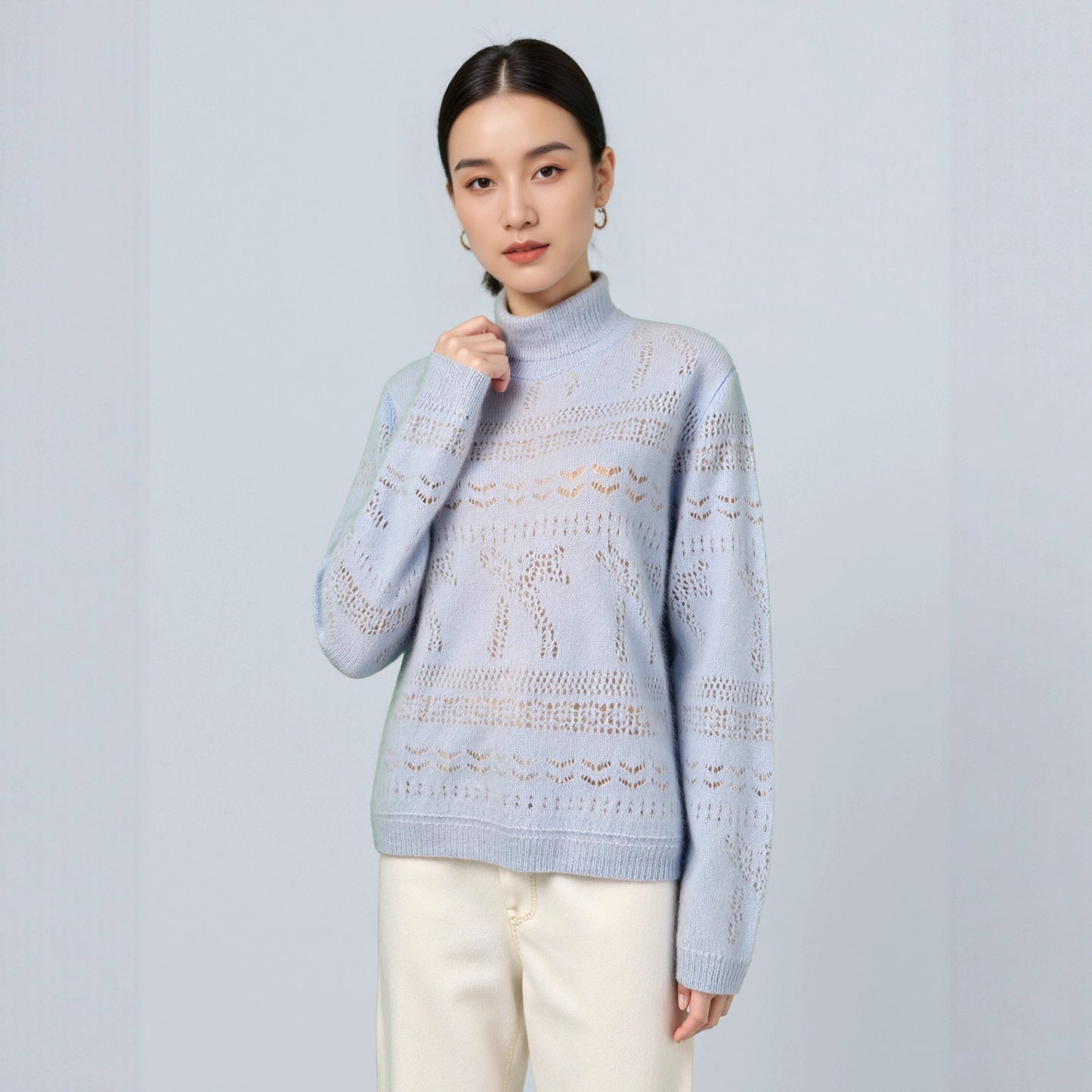 Wool Sweater Elegant Round Neck Hollow Out Jacquard Knitted Base Layer for Women