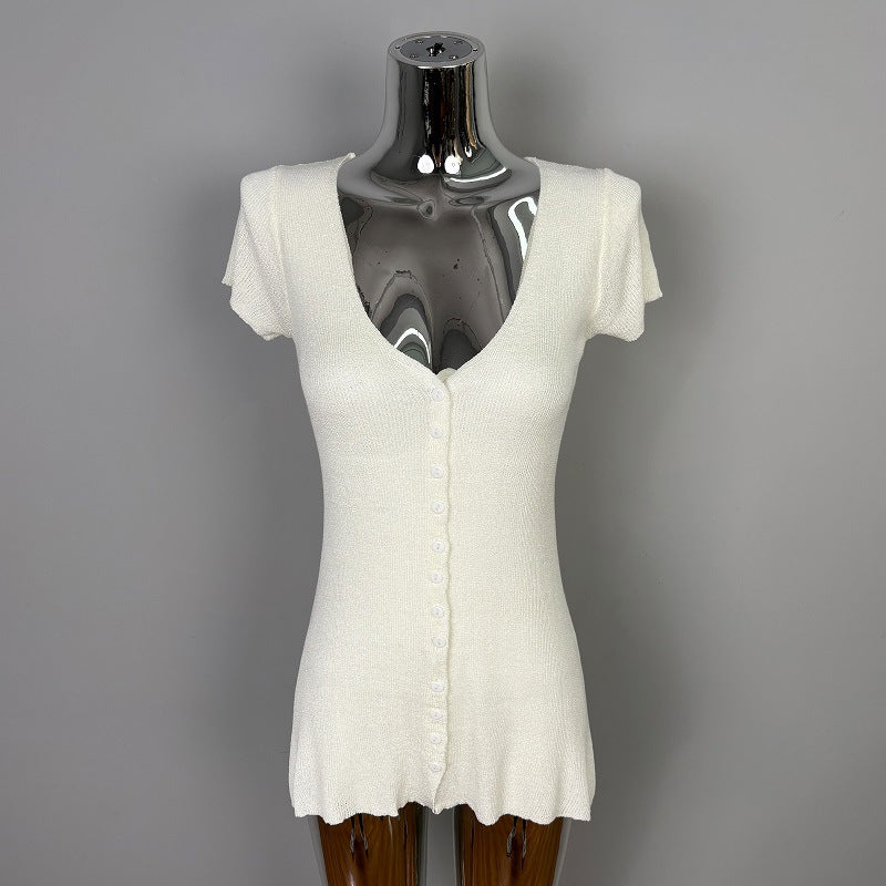 V-Neck Short Single-Breasted Button Short Sleeve Knitted Dress