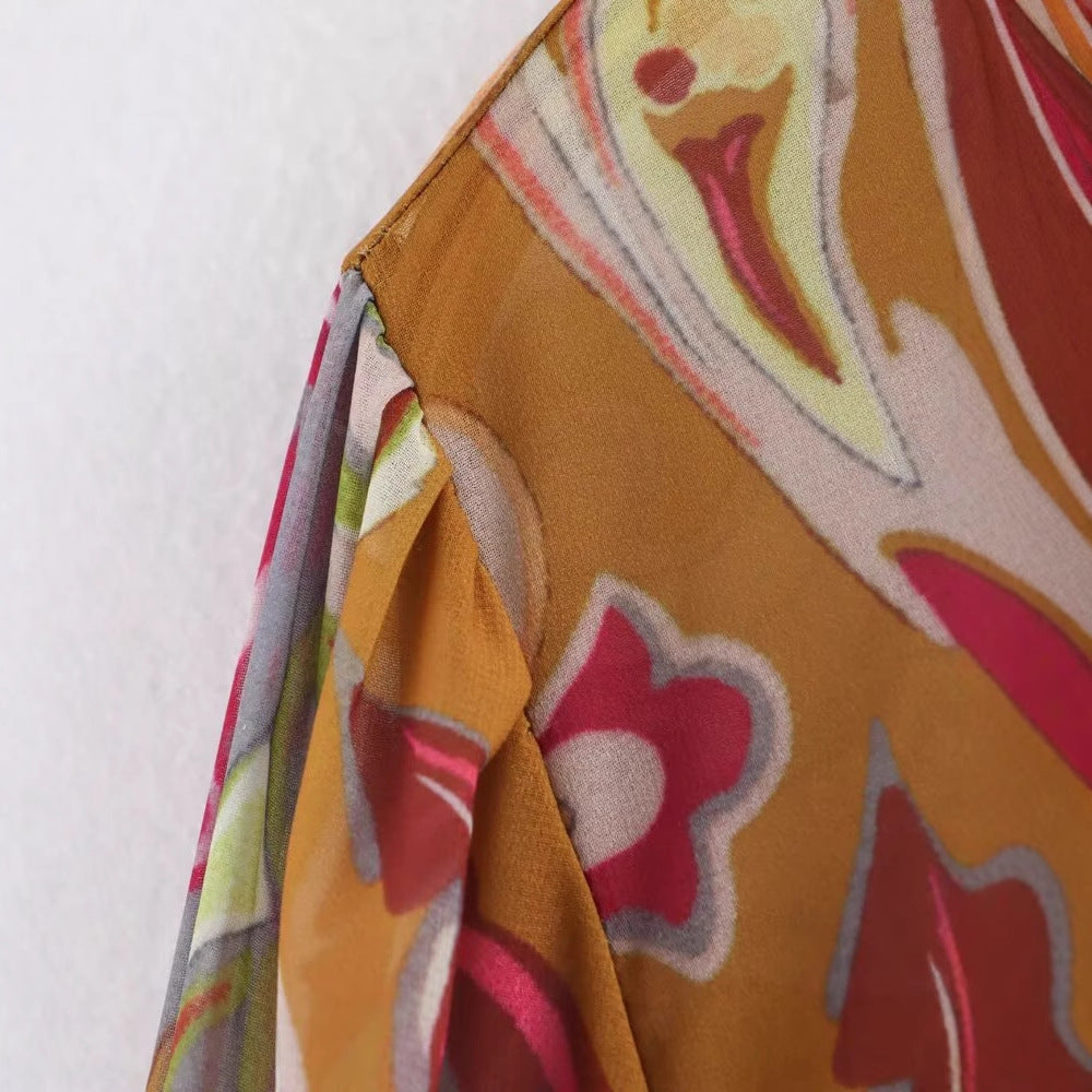 Women's collar long sleeved single breasted printed shirt