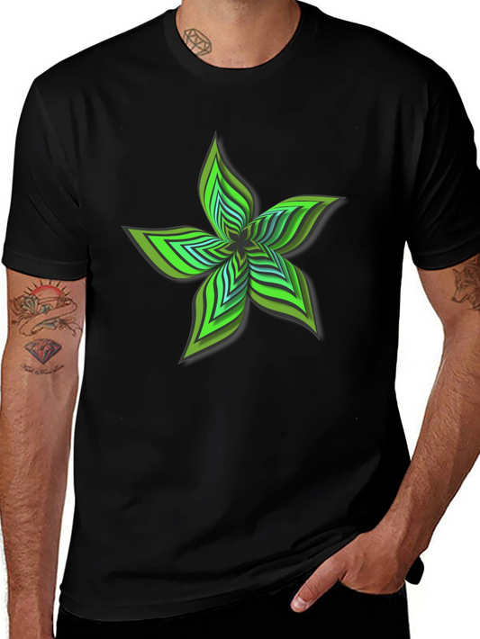 Abstract Green Flower Graphic Black T-Shirt