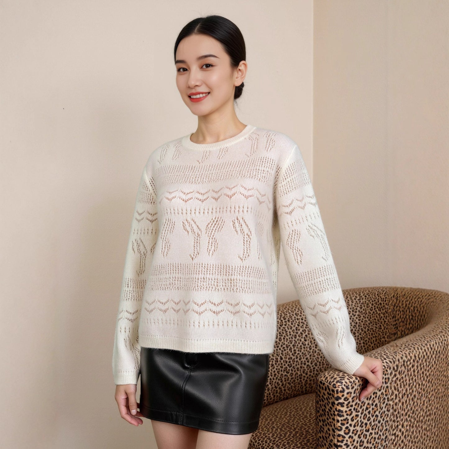 Wool Sweater Elegant Round Neck Hollow Out Jacquard Knitted Base Layer for Women