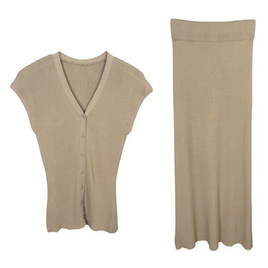 V-neck Knitted Top and Mermaid Skirt Two-piece Set for Women