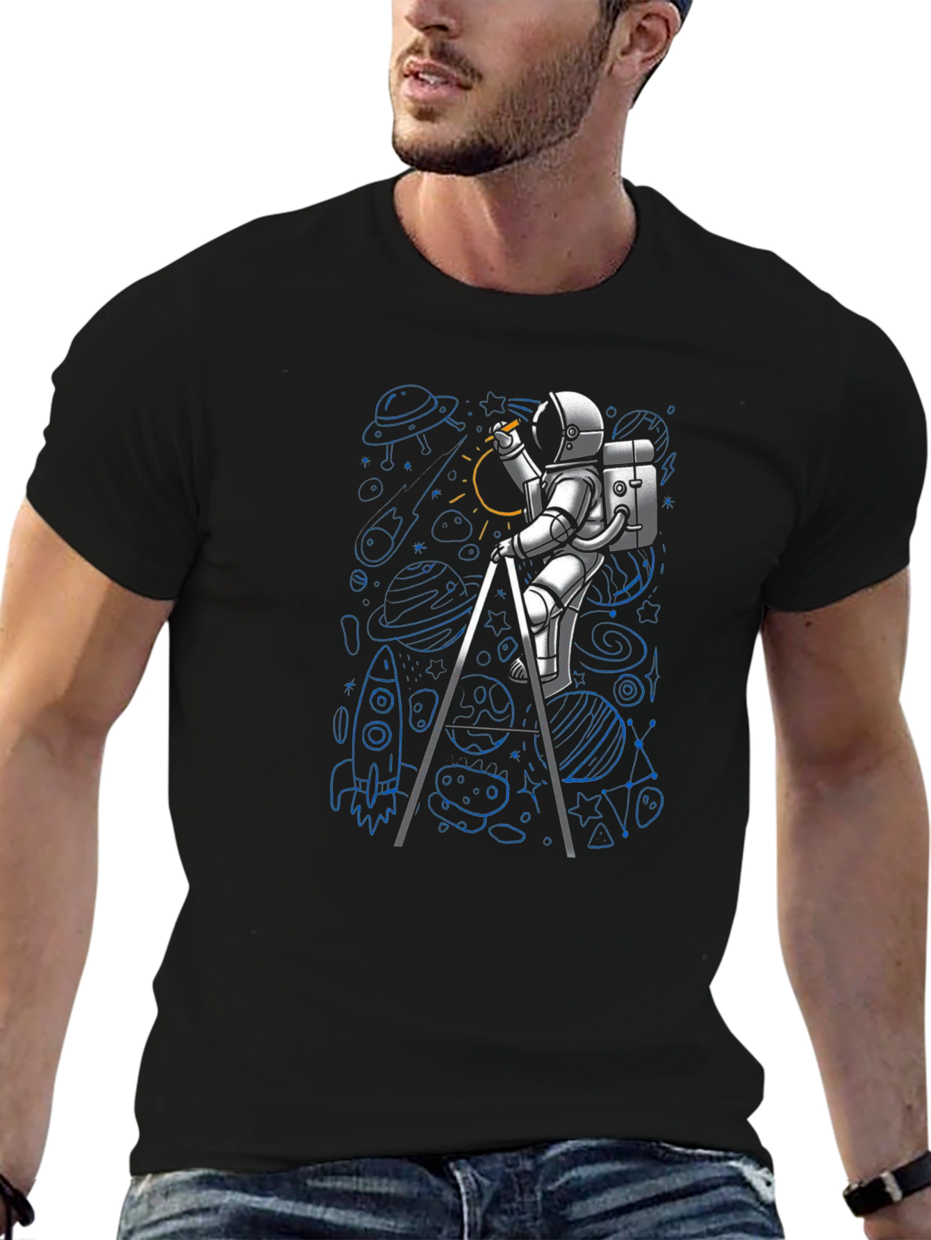 Astronaut Drawing Space T-Shirt - Black