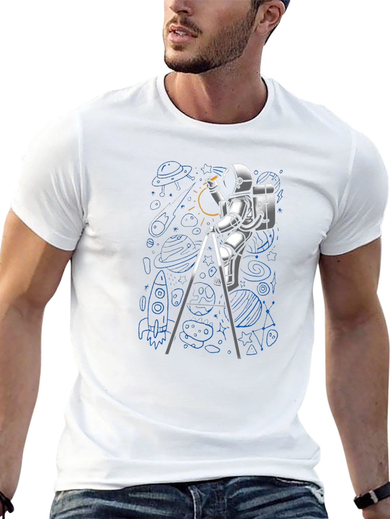 Astronaut Drawing Space T-Shirt - Black