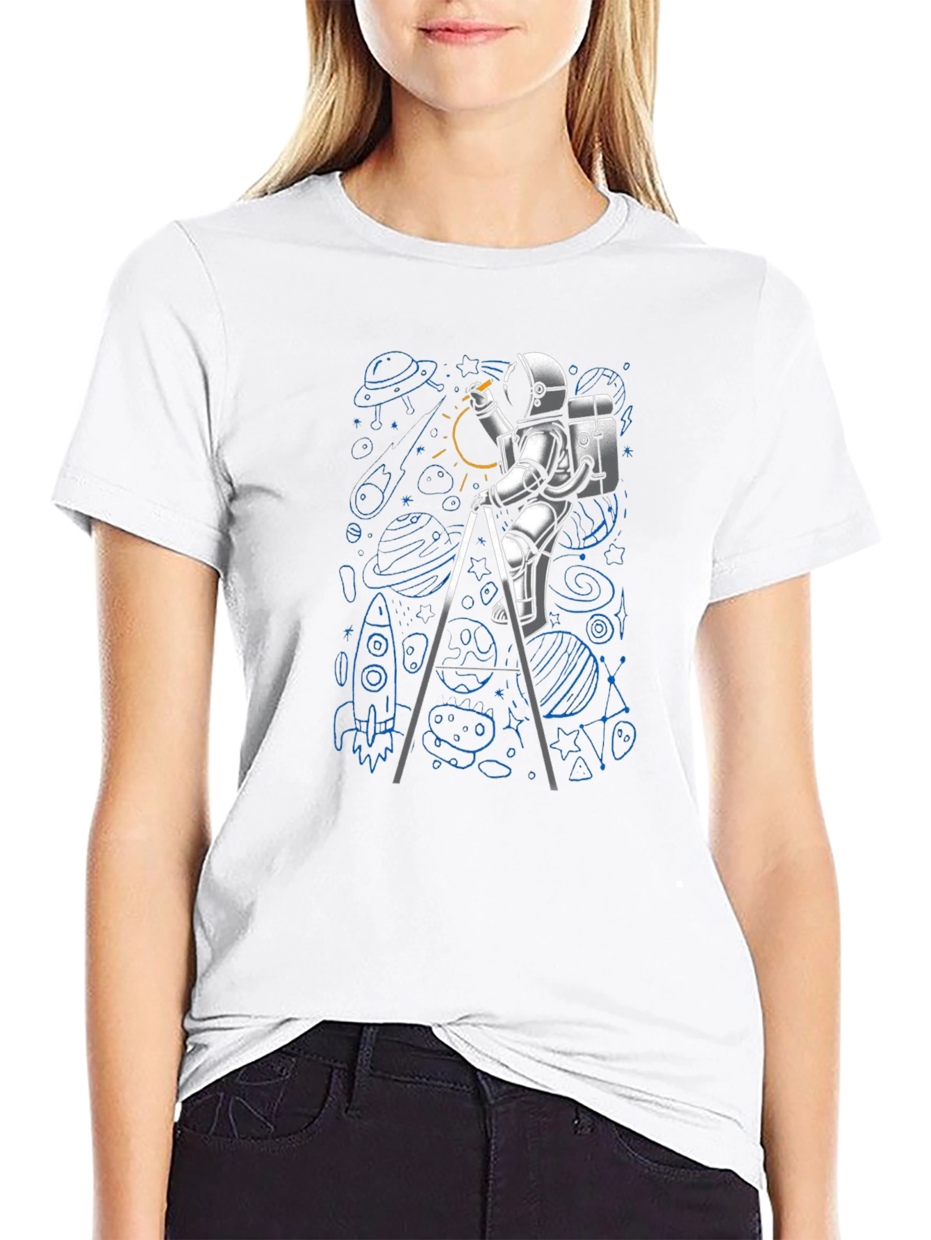 Astronaut Drawing Space T-Shirt - Black