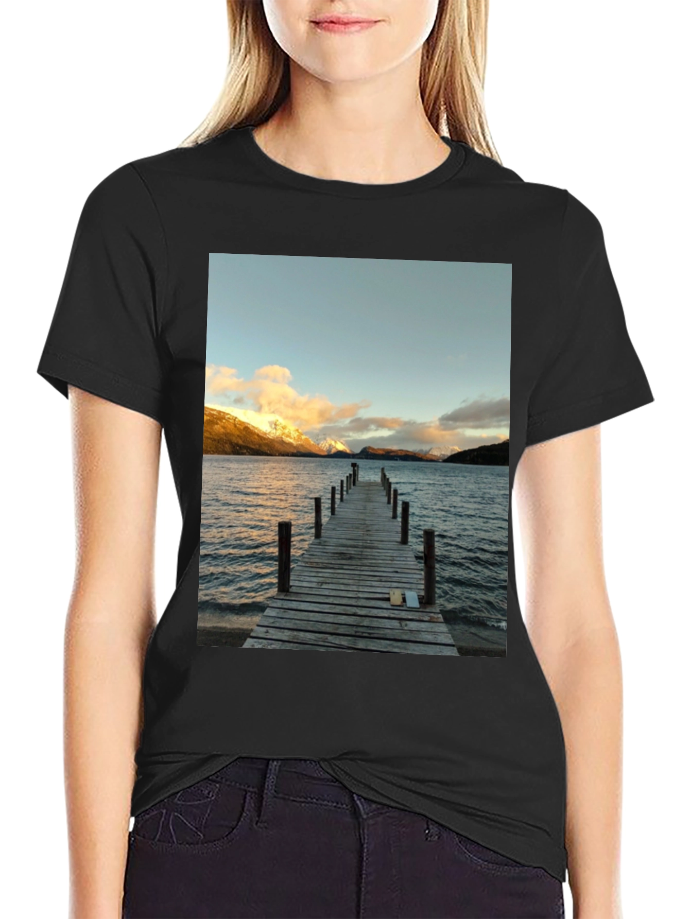 Scenic Lake View Graphic Tee - Black Cotton T-Shirt