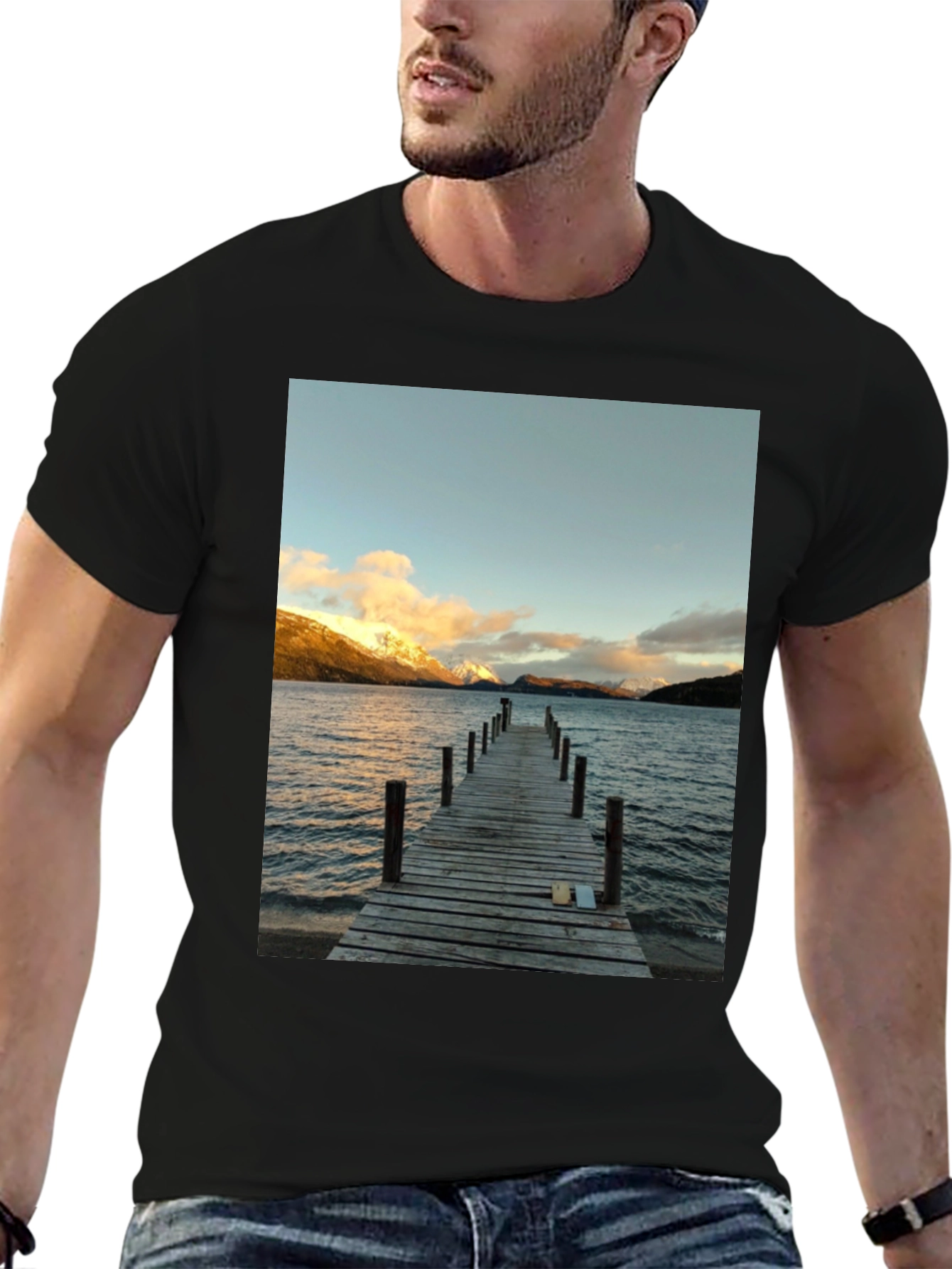 Scenic Lake View Graphic Tee - Black Cotton T-Shirt