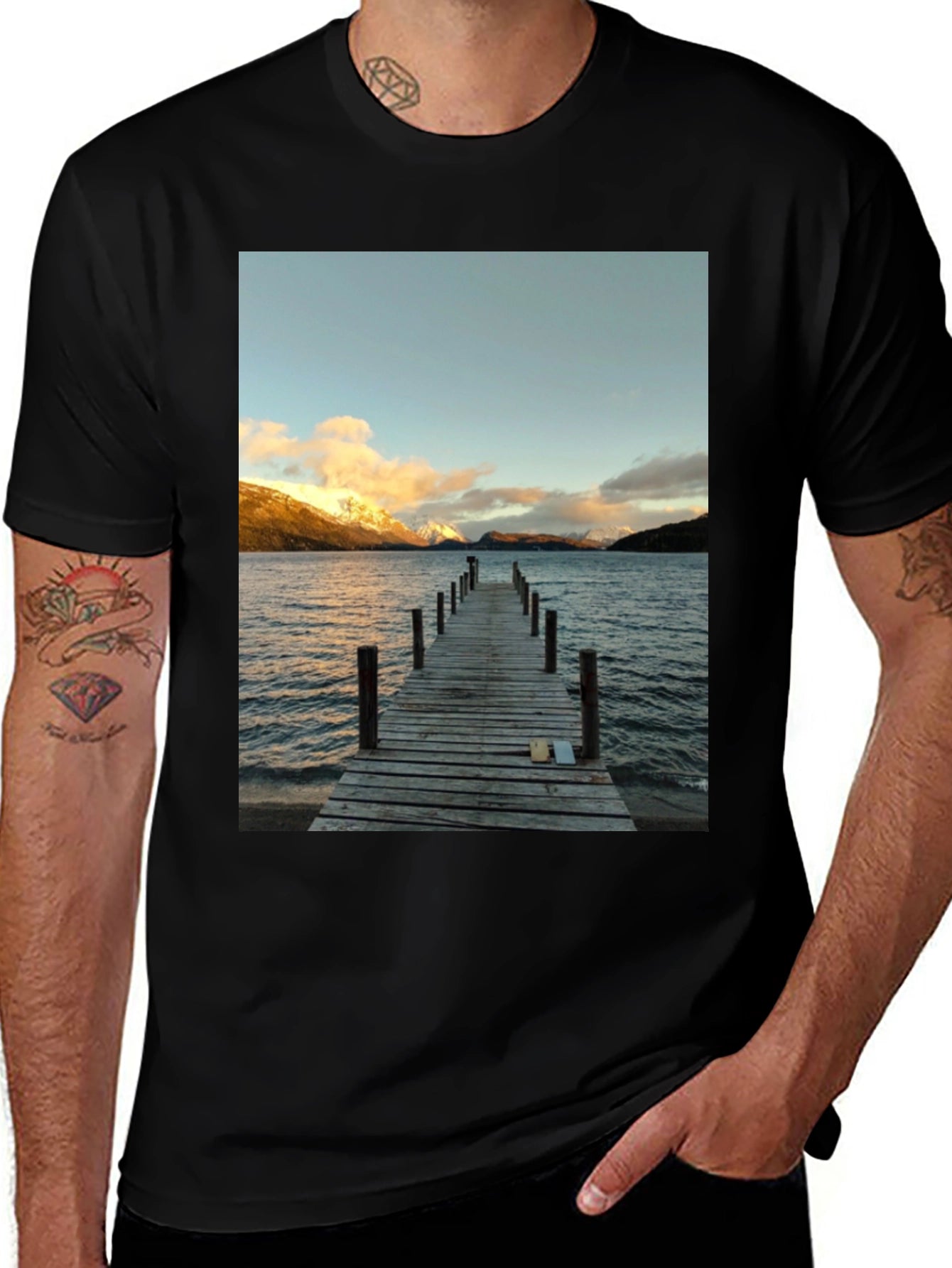 Scenic Lake View Graphic Tee - Black Cotton T-Shirt