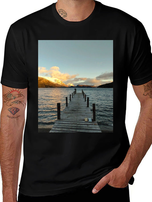 Scenic Lake View Graphic Tee - Black Cotton T-Shirt
