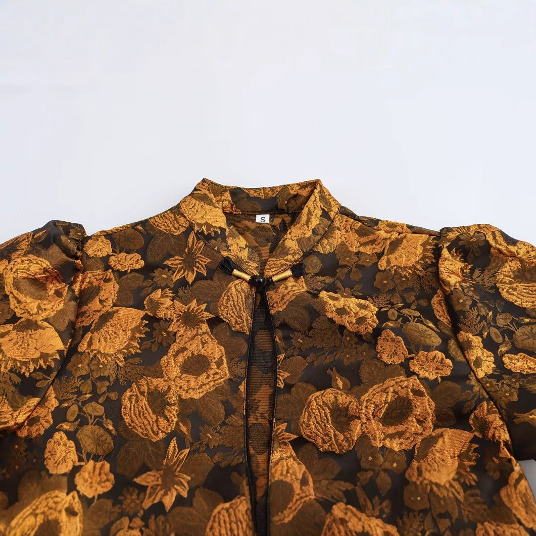 Flip collar bubble sleeve single breasted jacquard shirt top