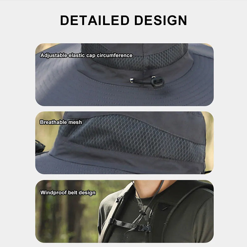 Solar fan hat: wide - brim bucket hat with 2 solar fans, men’s summer cap for outdoor fishing, camping, hiking.