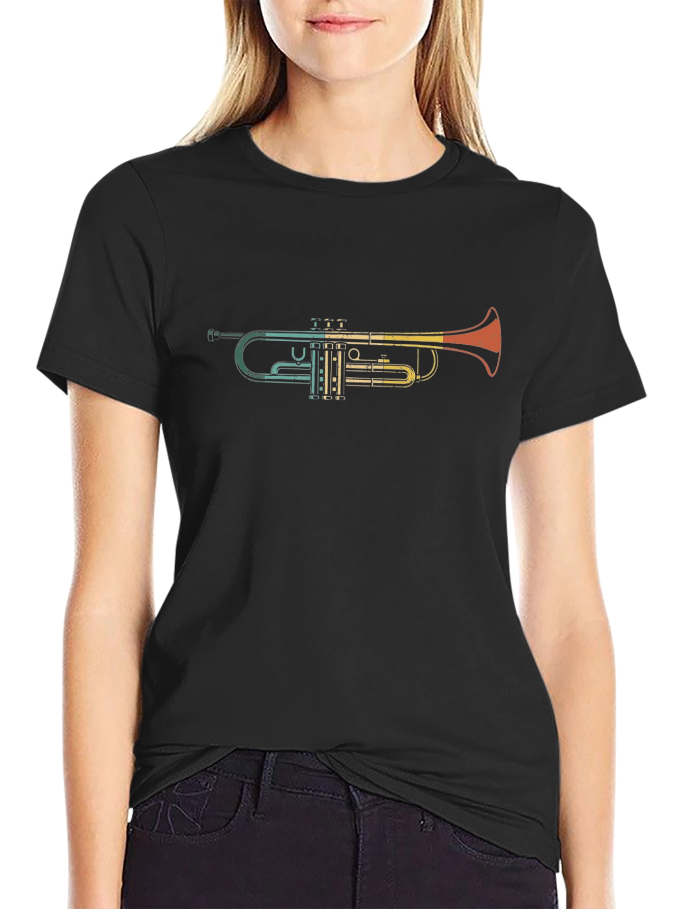 Retro Trumpet Graphic Tee - Black Cotton T-Shirt