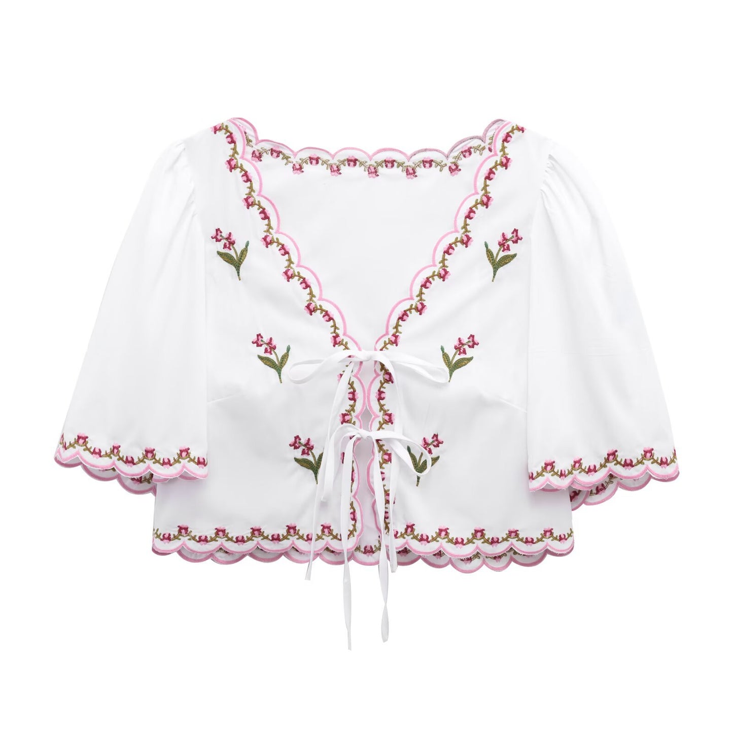 Floral Embroidered Poplin Top Short Sleeve Shirt Top for Women