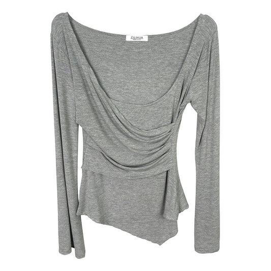 V-neck Waist-cinching Figure-flattering Long-sleeve T-shirt Top