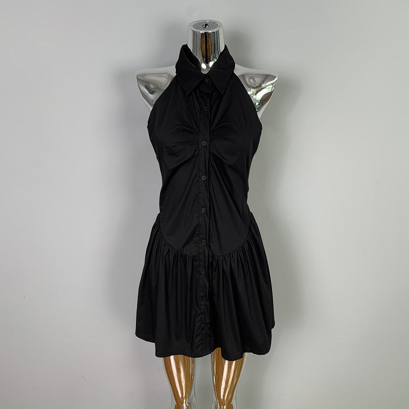 Sexy Waist Pleated Body-Shaping Halter Sleeveless Shirt Dress