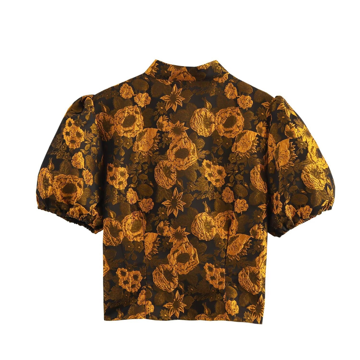 Flip collar bubble sleeve single breasted jacquard shirt top