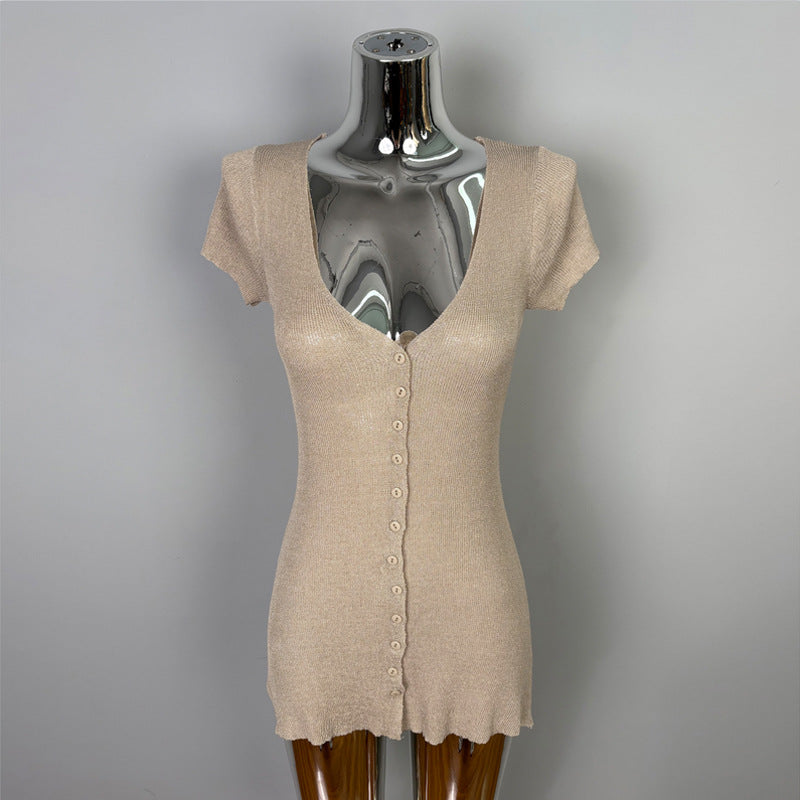 V-Neck Short Single-Breasted Button Short Sleeve Knitted Dress