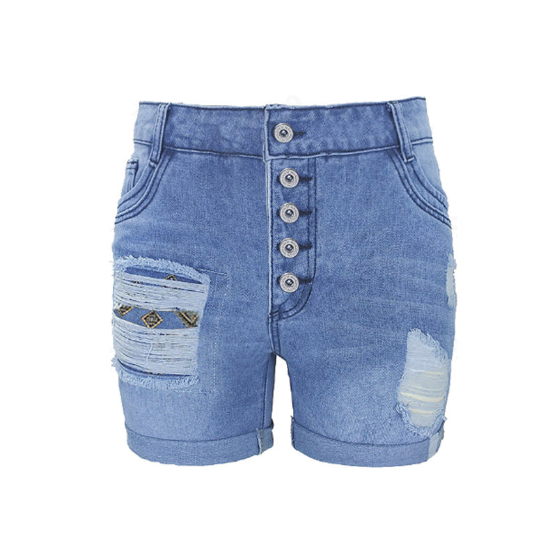 Slim fit single row multi button worn-out rolled denim shorts