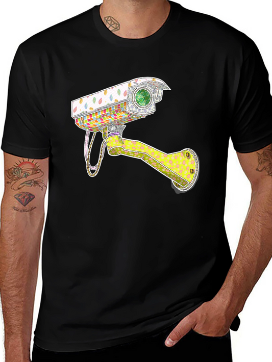 Surveillance Camera Graphic Tee - Trendy Black T-Shirt