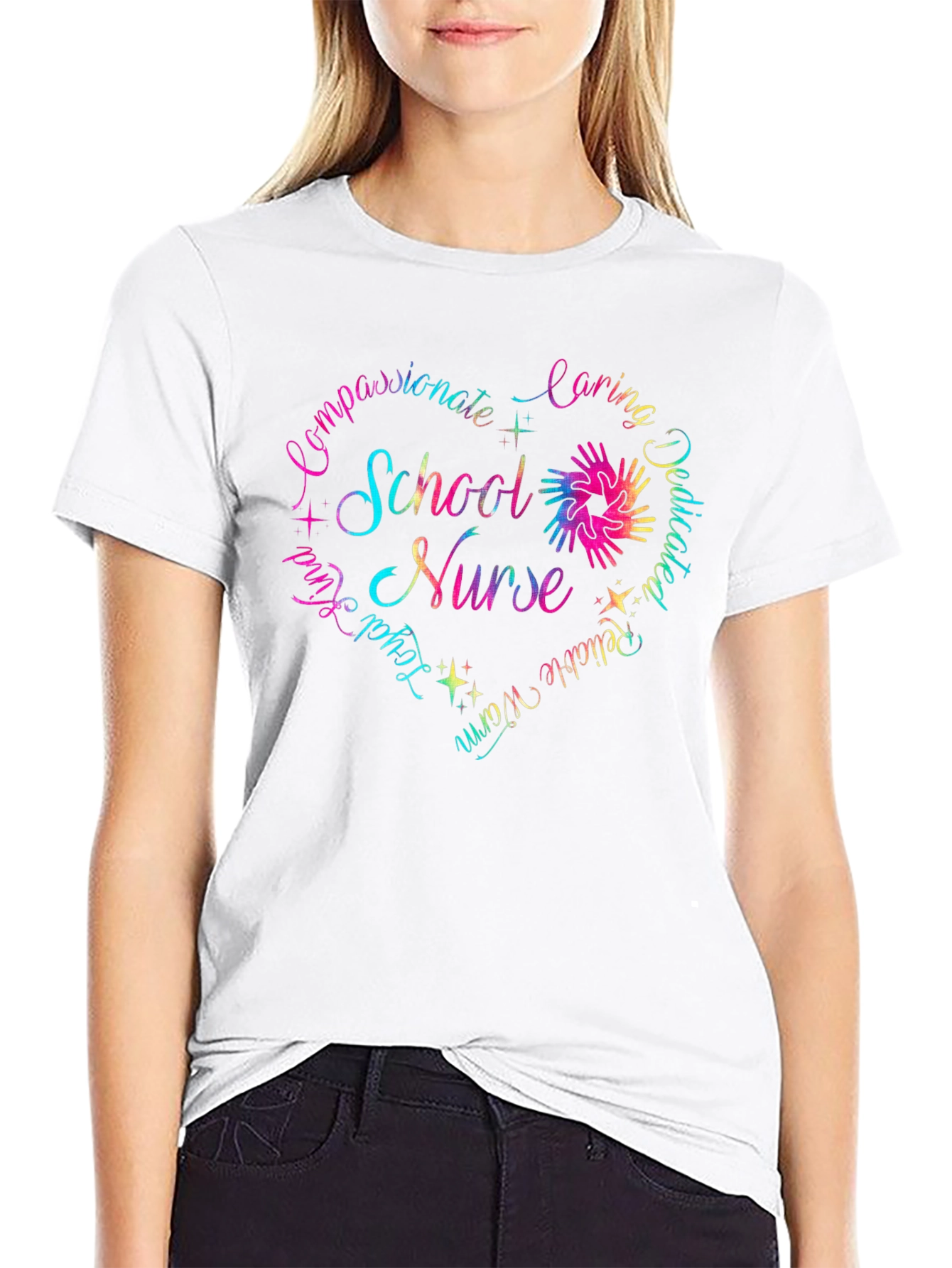 School Nurse Heart Graphic T-Shirt - Caring Dedicated
