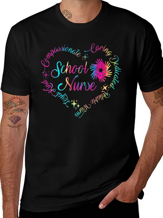 School Nurse Heart Graphic T-Shirt - Caring Dedicated