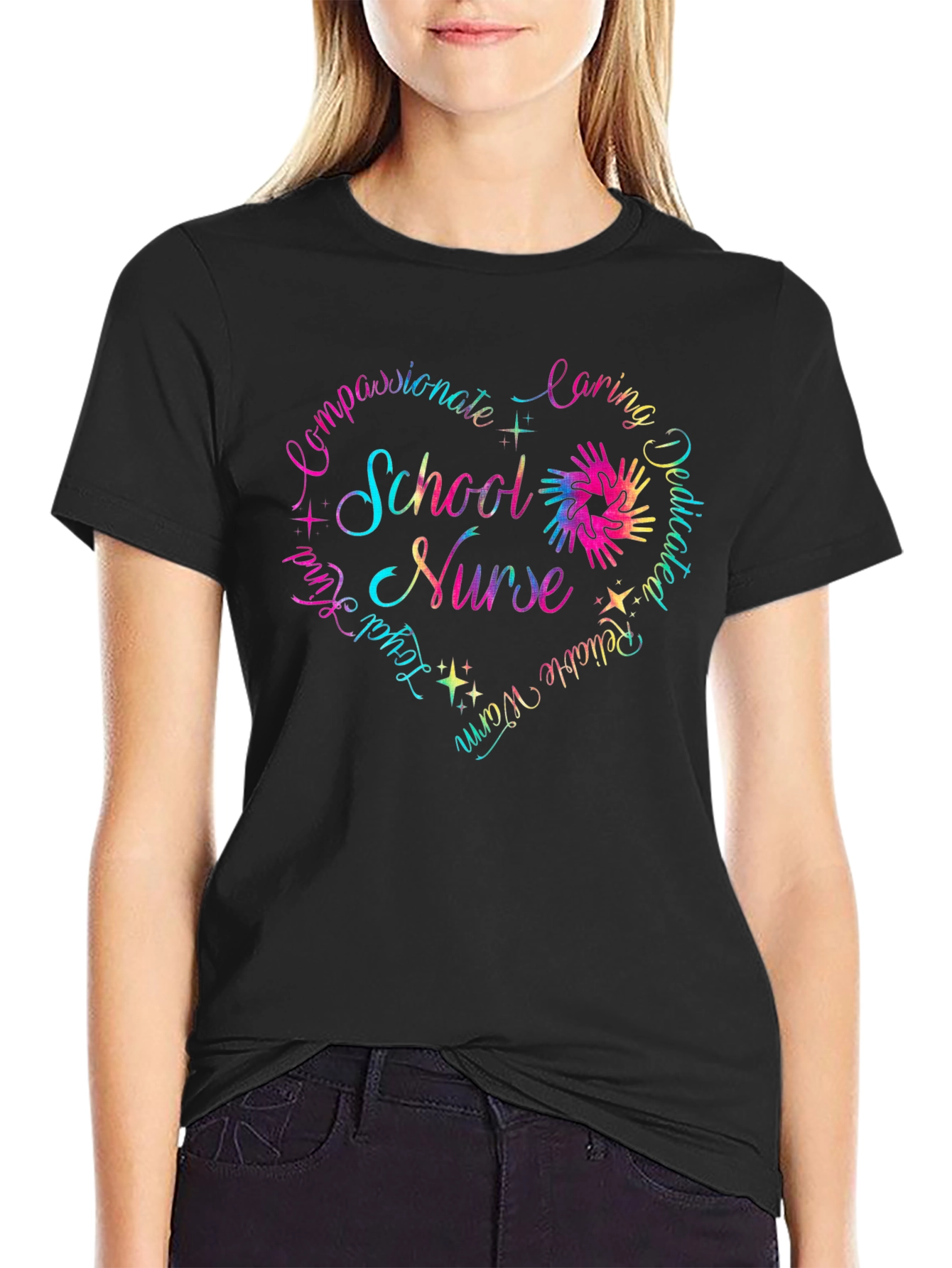 School Nurse Heart Graphic T-Shirt - Caring Dedicated