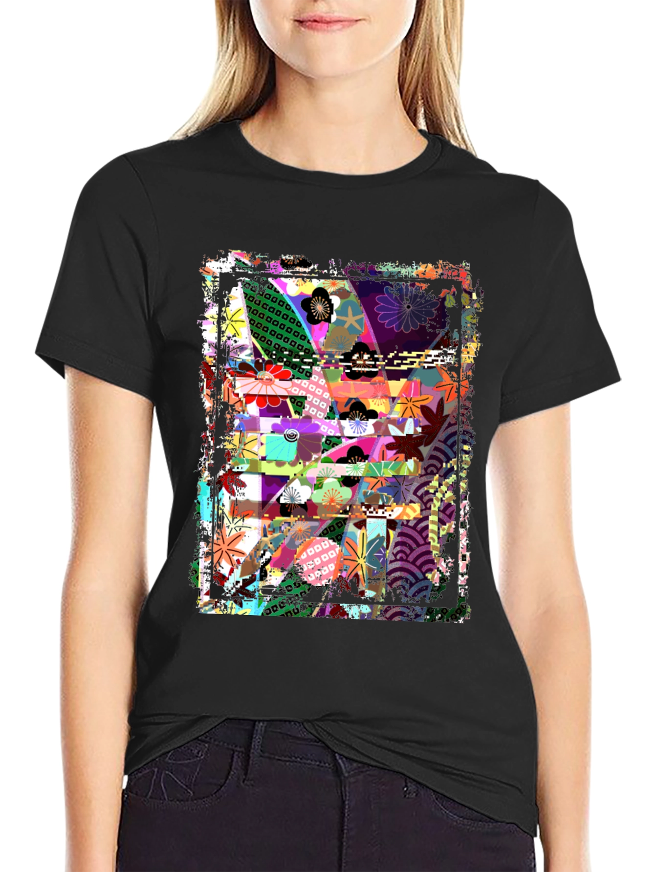 Abstract Floral Graphic Print Black T-Shirt