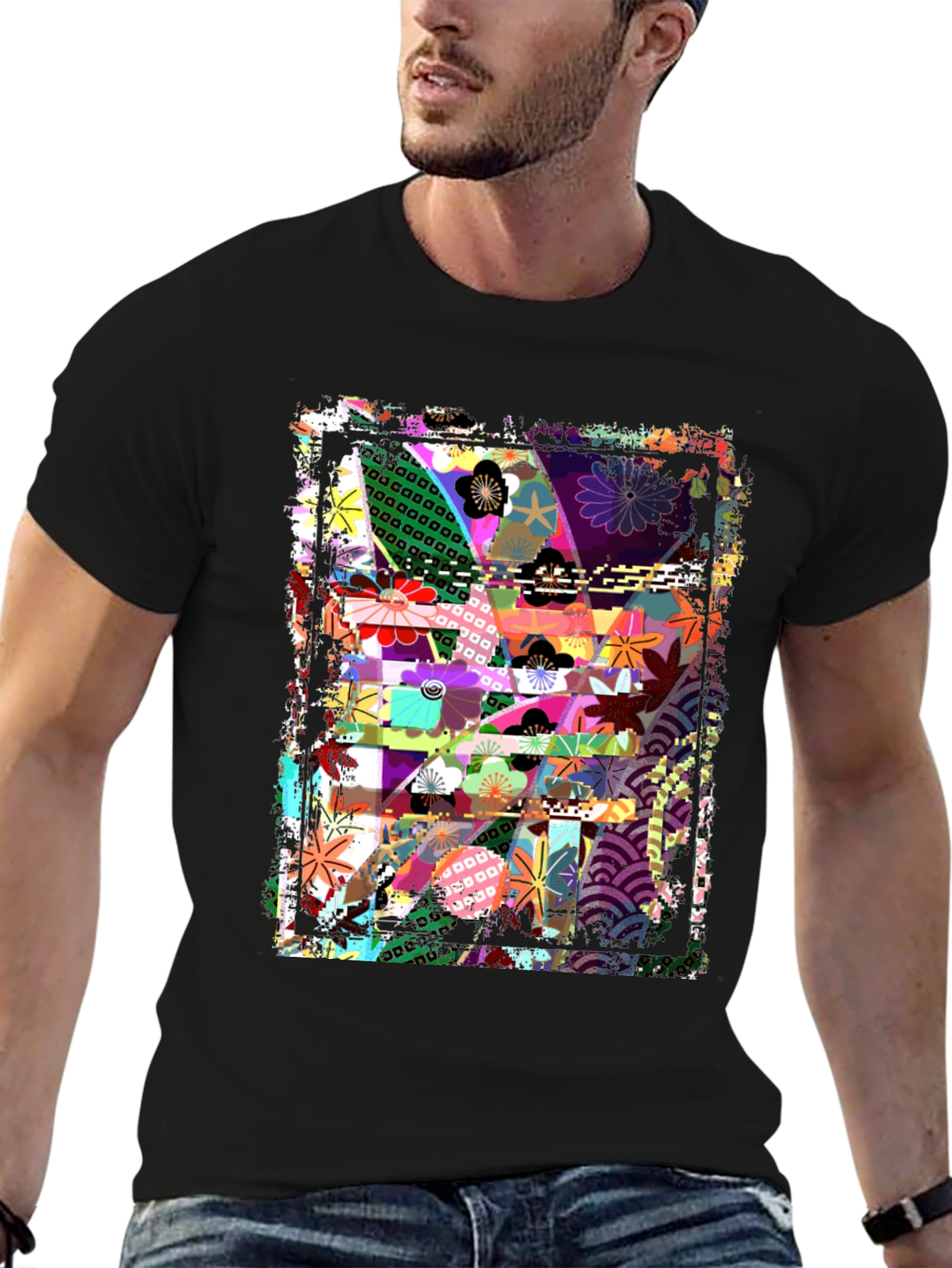 Abstract Floral Graphic Print Black T-Shirt