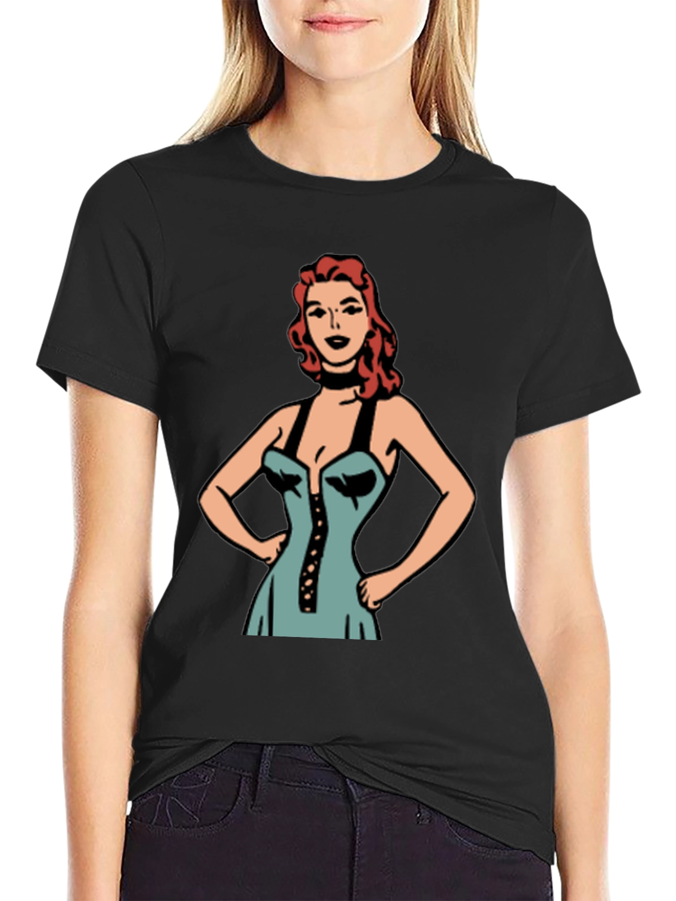 Retro Cartoon Woman Graphic Black T-Shirt