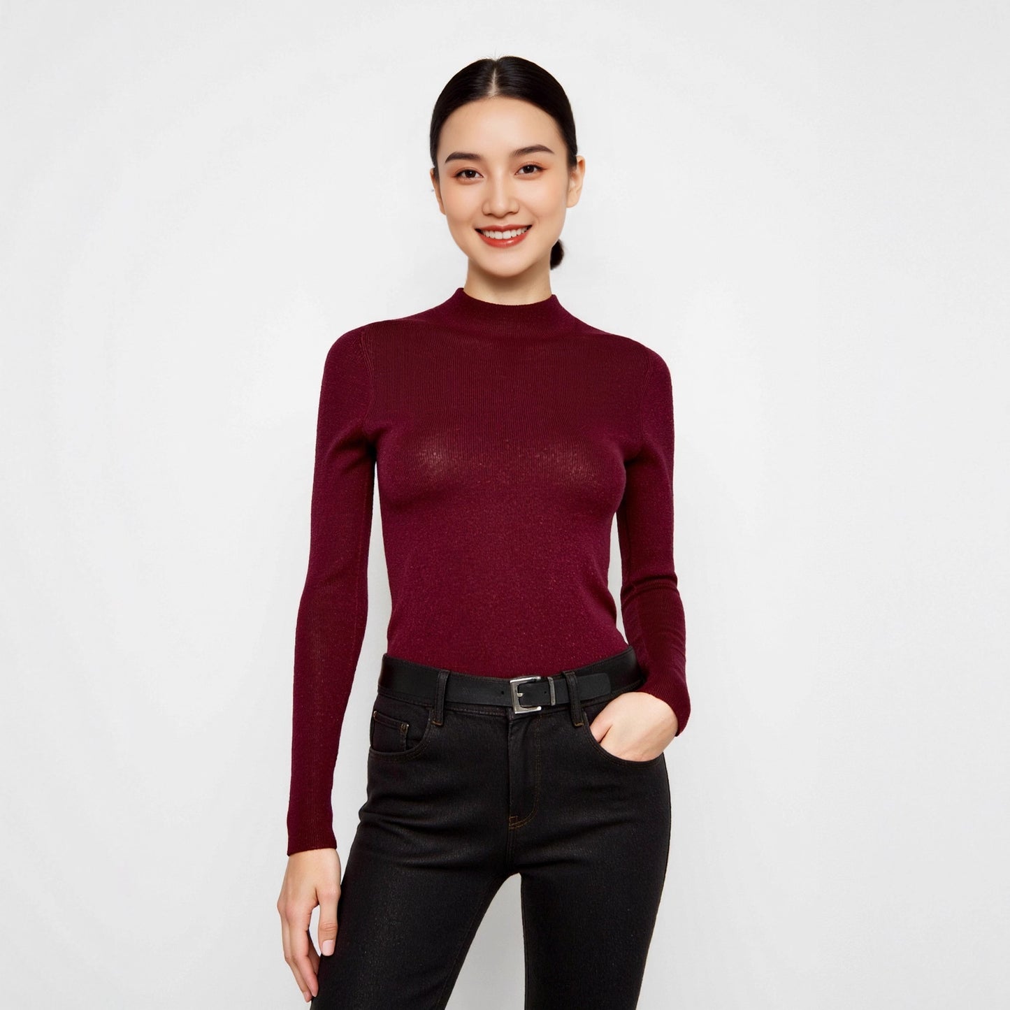 Neck Base Layer Women's Fine-spun Superfine  Pure Wool Thin Fitted Knit Inner Wear Early Autumn Winter Machine Washable