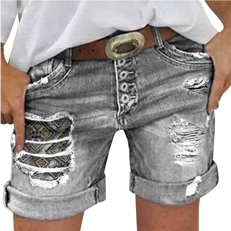 Slim fit single row multi button worn-out rolled denim shorts