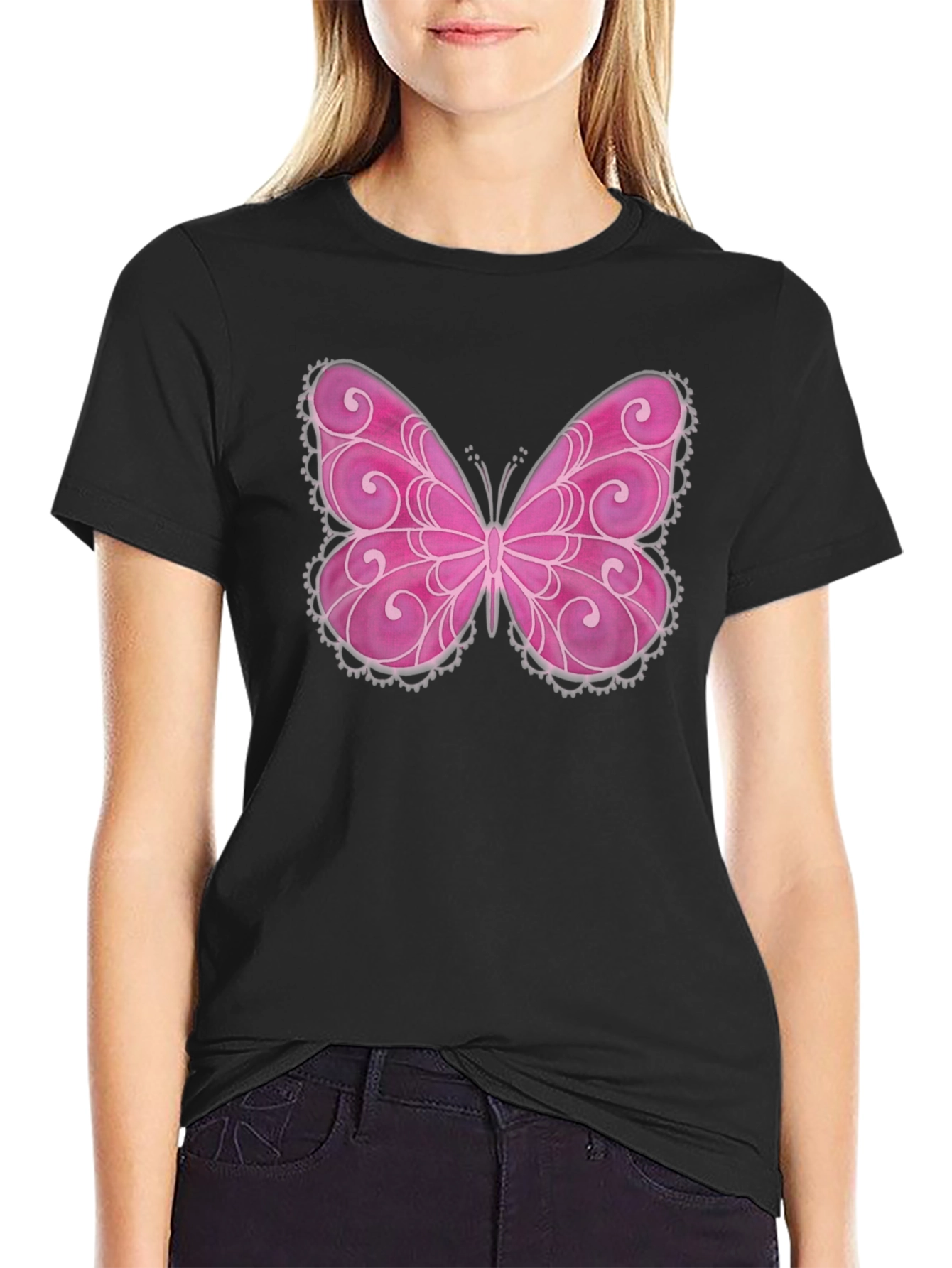 Pink Butterfly Graphic Black T-Shirt