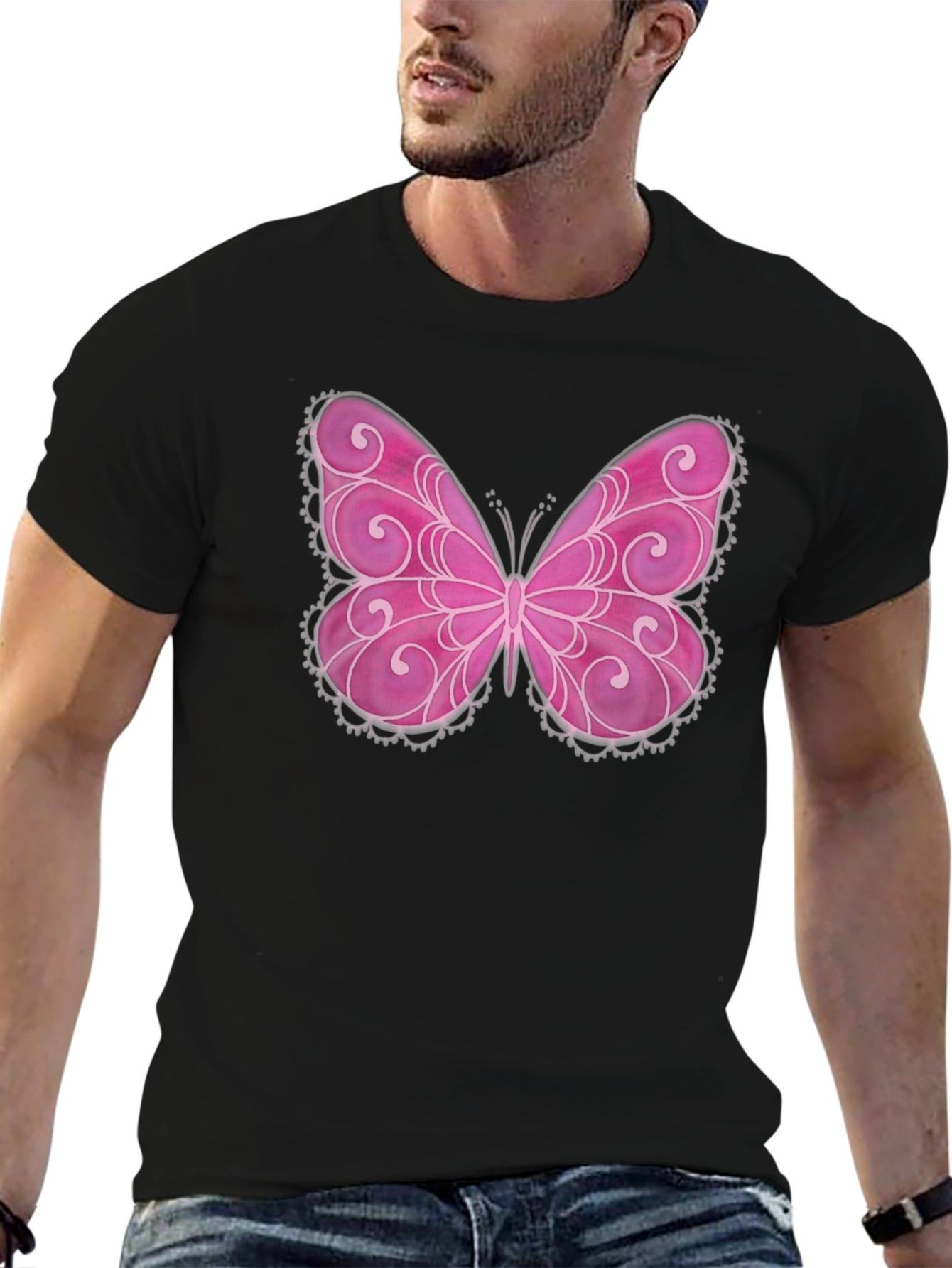Pink Butterfly Graphic Black T-Shirt