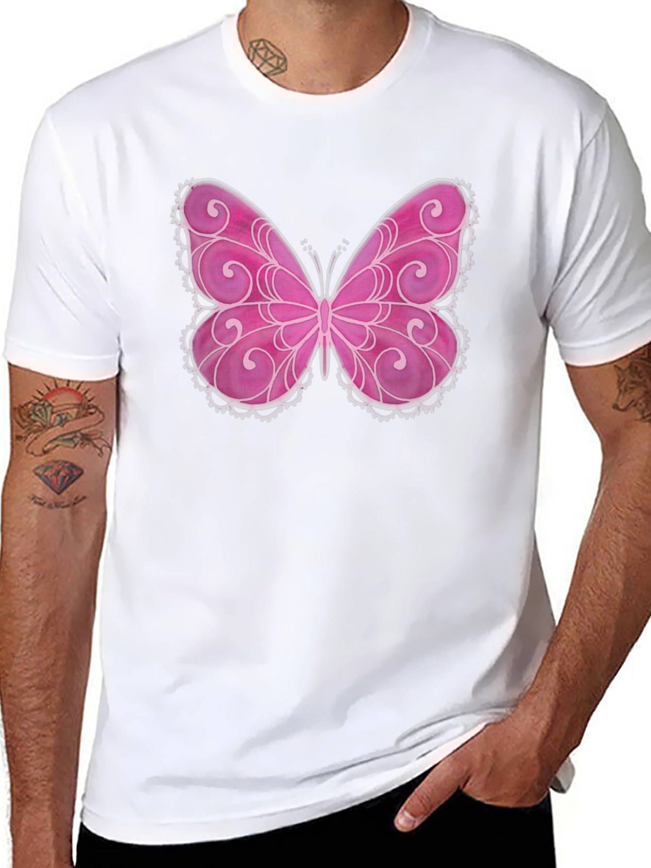 Pink Butterfly Graphic Black T-Shirt