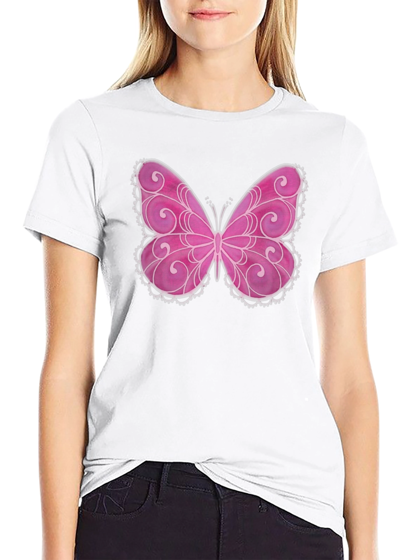 Pink Butterfly Graphic Black T-Shirt