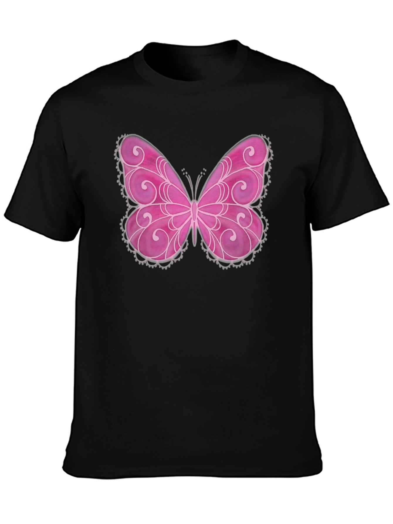 Pink Butterfly Graphic Black T-Shirt