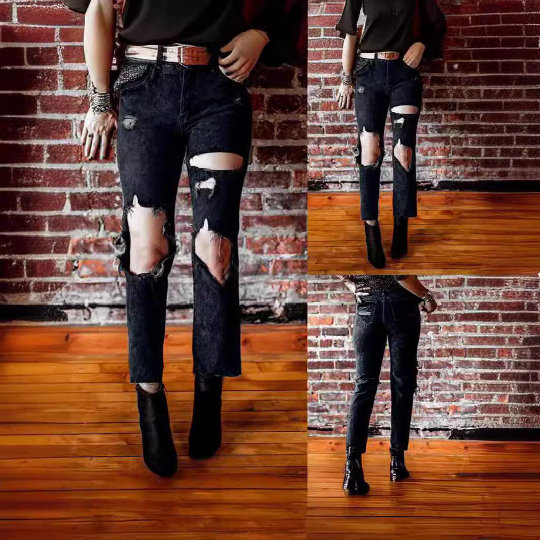 Ripped casual slim straight leg denim cropped pants