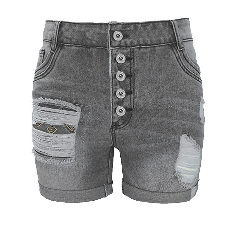 Slim fit single row multi button worn-out rolled denim shorts