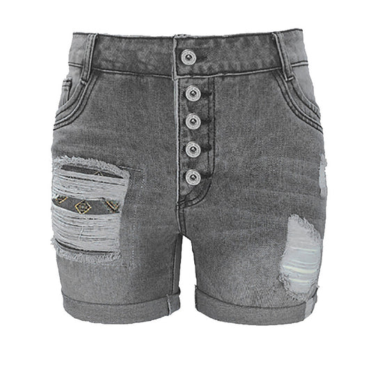 Slim fit single row multi button worn-out rolled denim shorts