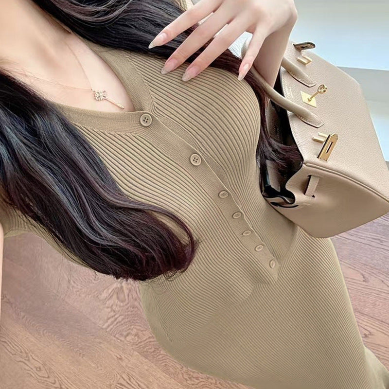 V-neck Knitted Top and Mermaid Skirt Two-piece Set for Women