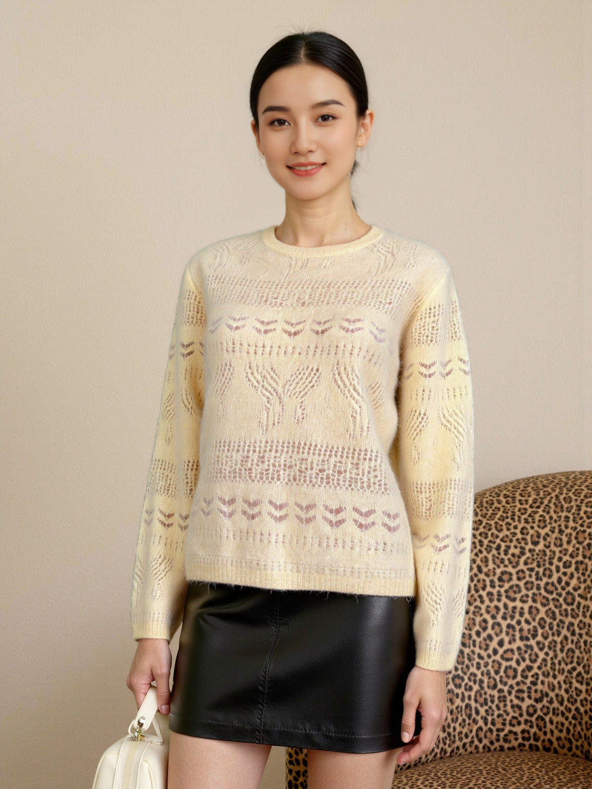 Wool Sweater Elegant Round Neck Hollow Out Jacquard Knitted Base Layer for Women
