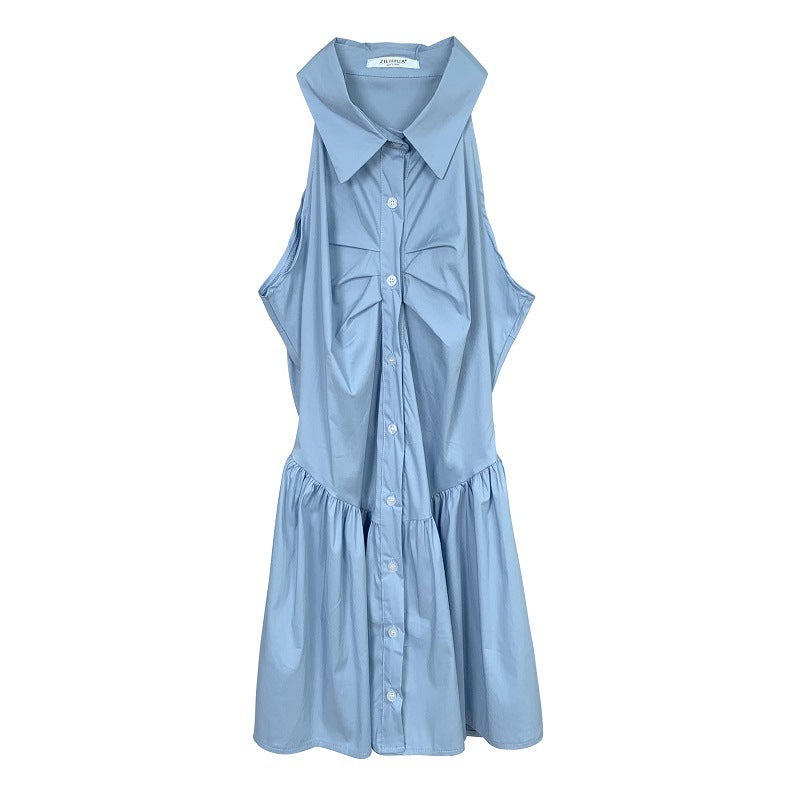 Sexy Waist Pleated Body-Shaping Halter Sleeveless Shirt Dress