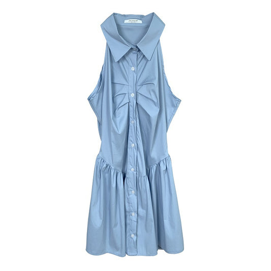 Sexy Waist Pleated Body-Shaping Halter Sleeveless Shirt Dress