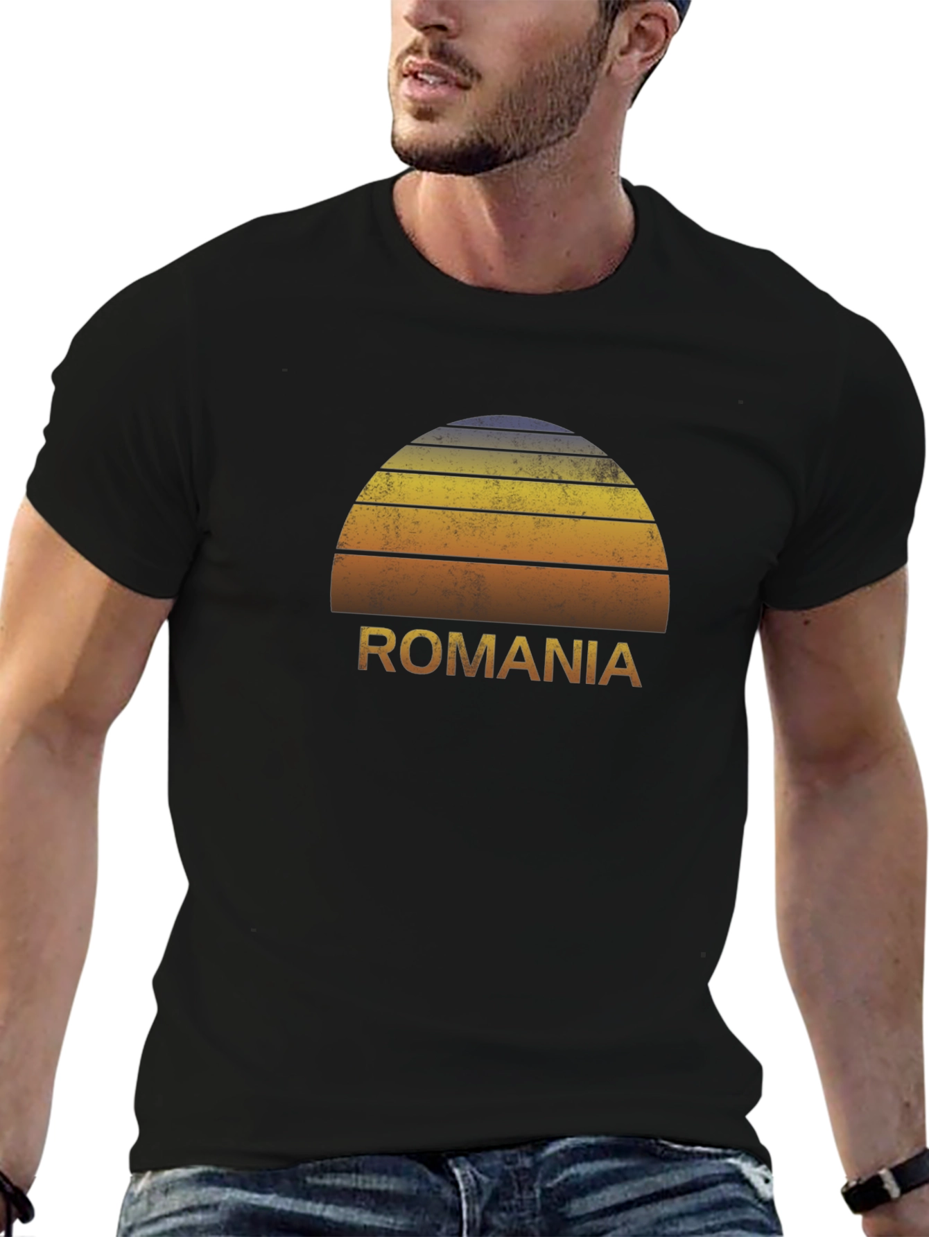 Romania Retro Sunset Graphic Tee - Black Cotton T-Shirt
