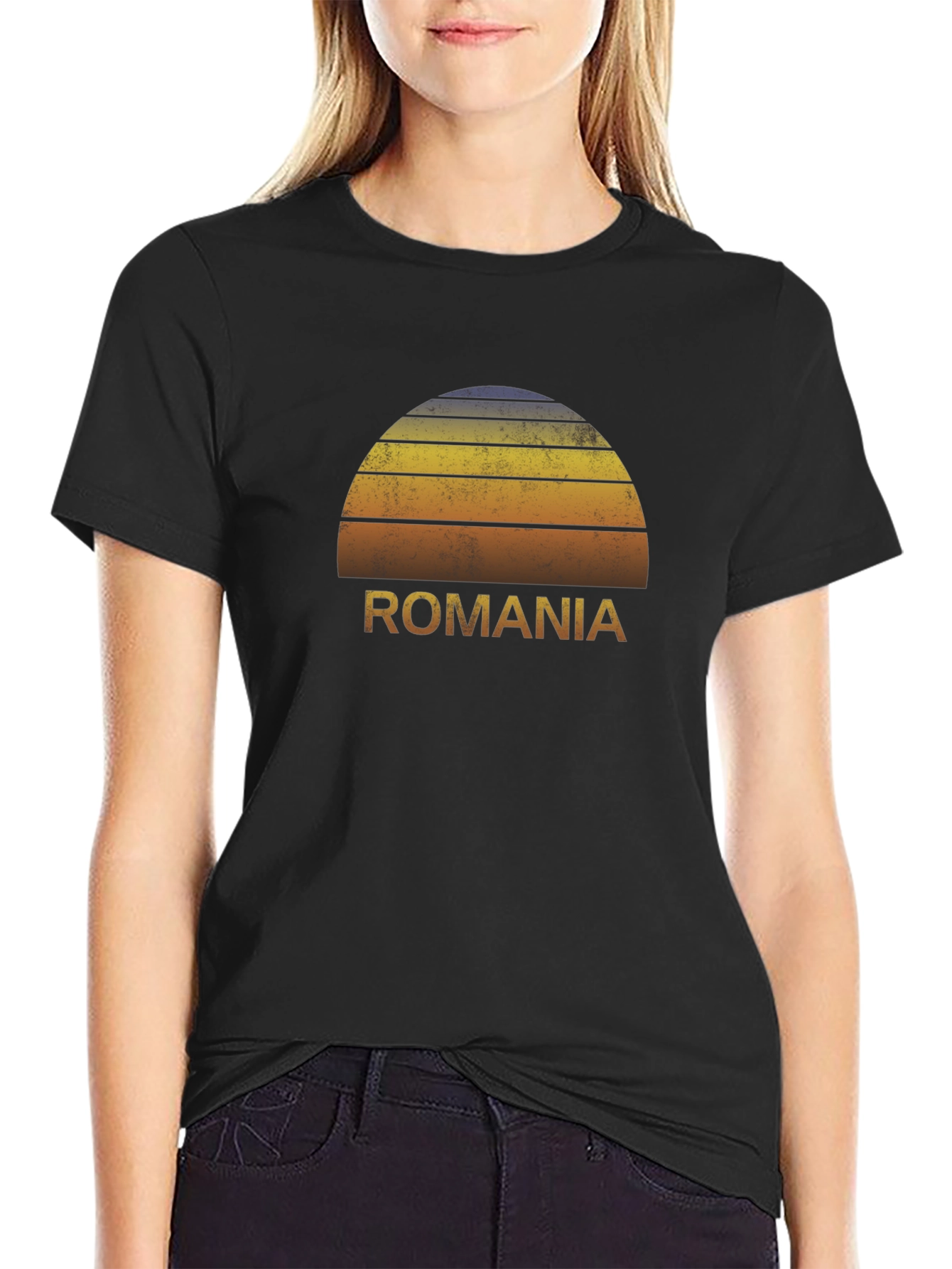 Romania Retro Sunset Graphic Tee - Black Cotton T-Shirt