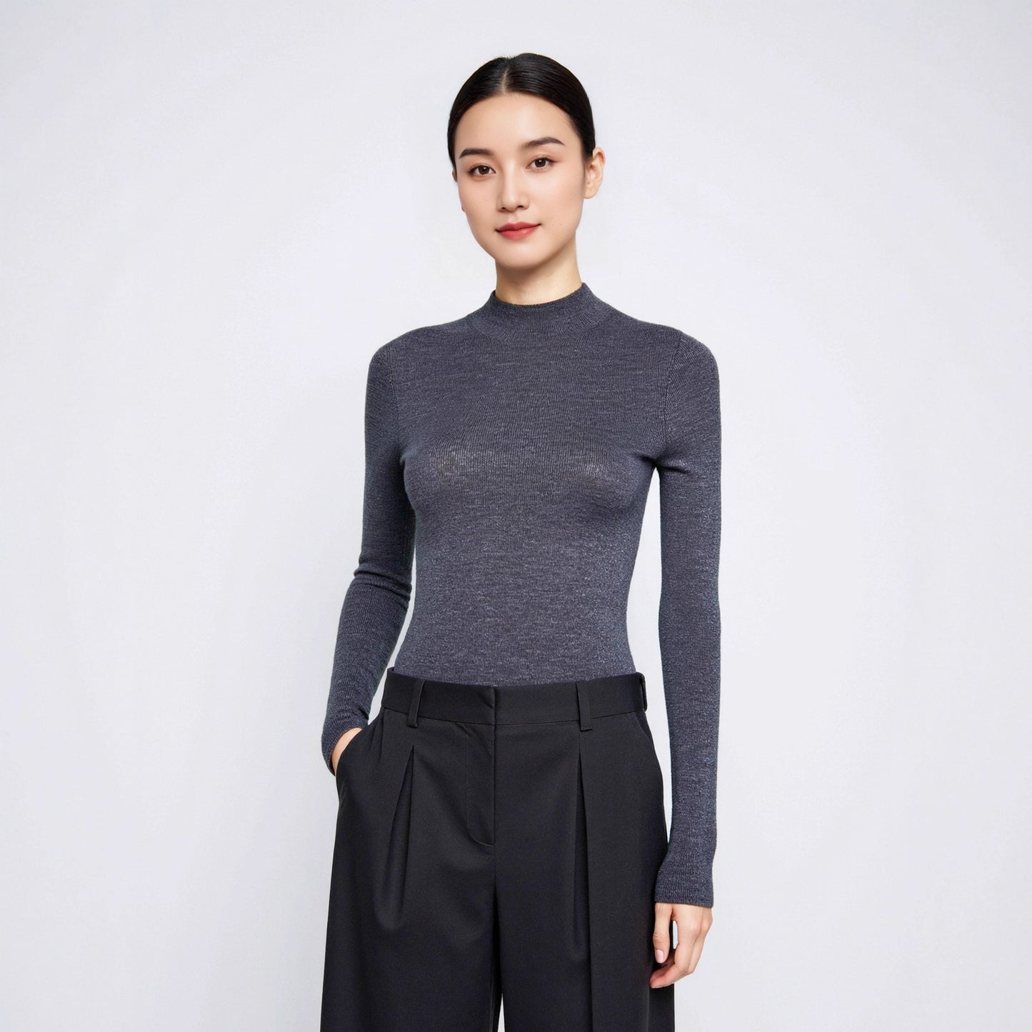 Neck Base Layer Women's Fine-spun Superfine  Pure Wool Thin Fitted Knit Inner Wear Early Autumn Winter Machine Washable