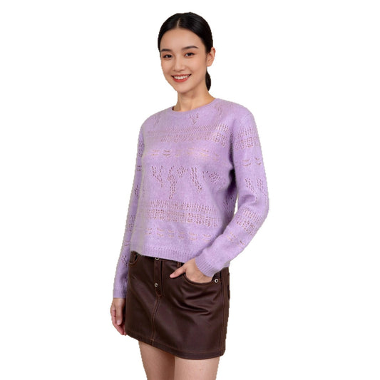 Wool Sweater Elegant Round Neck Hollow Out Jacquard Knitted Base Layer for Women