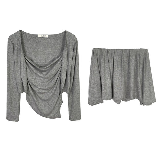 Three piece set of slim camisole cardigan and skirt