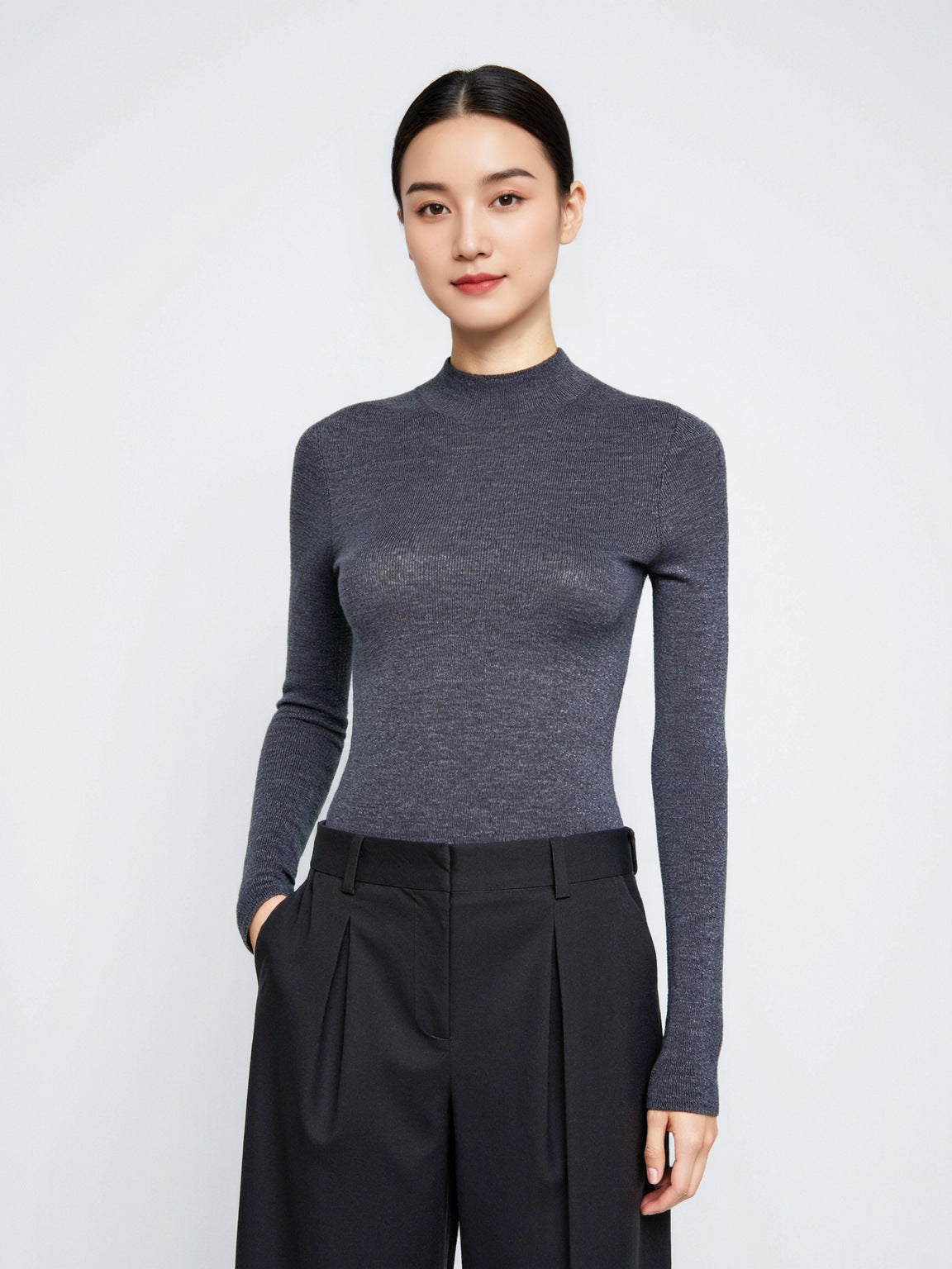 Neck Base Layer Women's Fine-spun Superfine  Pure Wool Thin Fitted Knit Inner Wear Early Autumn Winter Machine Washable